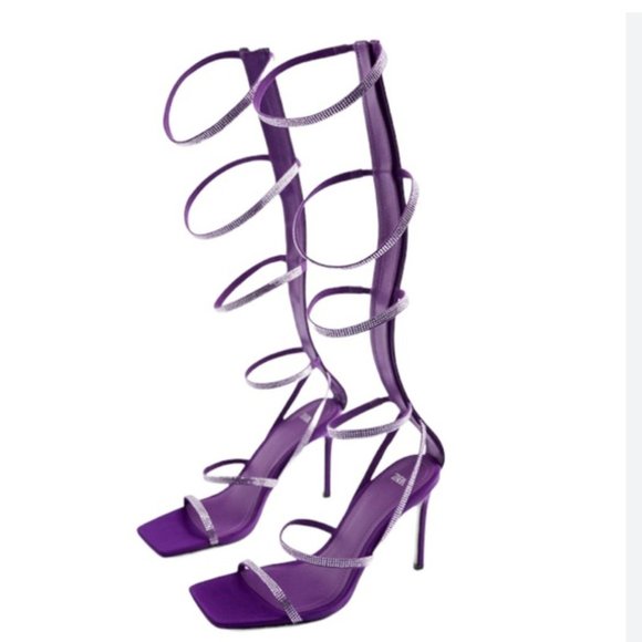 NWT ZARA PURPLE HIGH HEEL SHINY RHINESTONE STRAPS SANDALS GLADIATOR SHOES - Picture 3 of 10